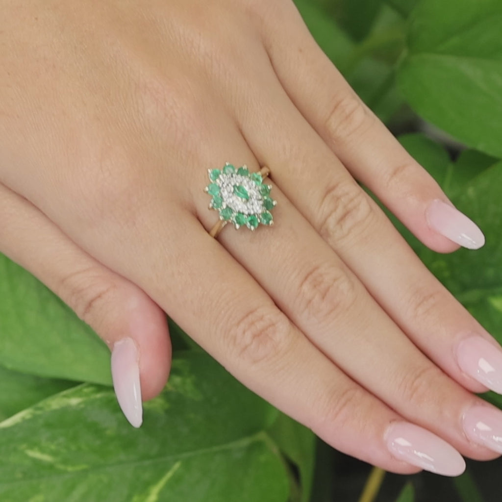 Natural Emerald Diamond Cluster Ring 10K Two Tone Gold 0.88 CTW Size 6.25