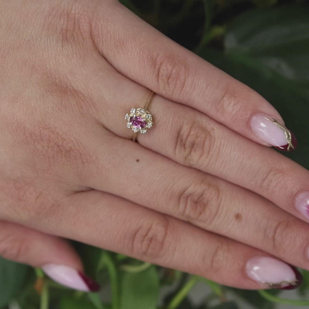 Ruby Diamond Floral Cocktail Ring 14K Yellow Gold 0.42 CTW Size 5.5 Ladies