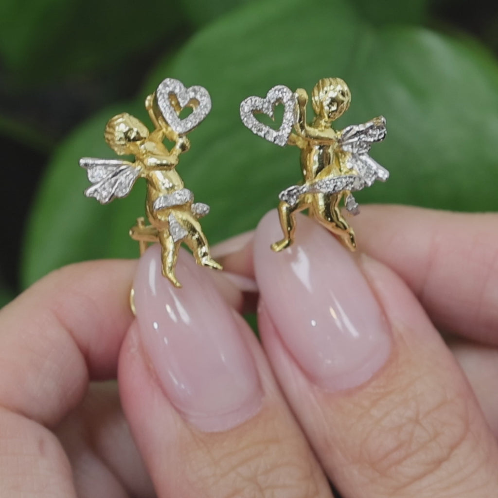Vintage Cherub Cupid Diamond Earrings 18K Two-Tone Gold 0.35 CTW Omega Backs