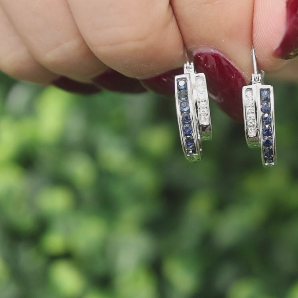 Sapphire Diamond Hoop Earrings 14K White Gold 0.54 CTW 0.70" Ladies Estate