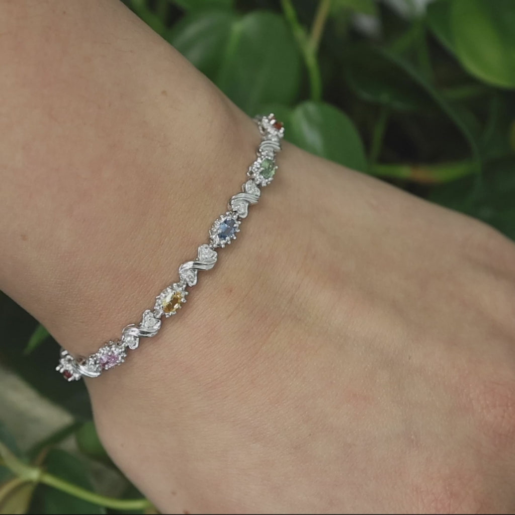 Multi Color Sapphire Diamond Bracelet 14K White Gold S Link 3.88 CTW 7"