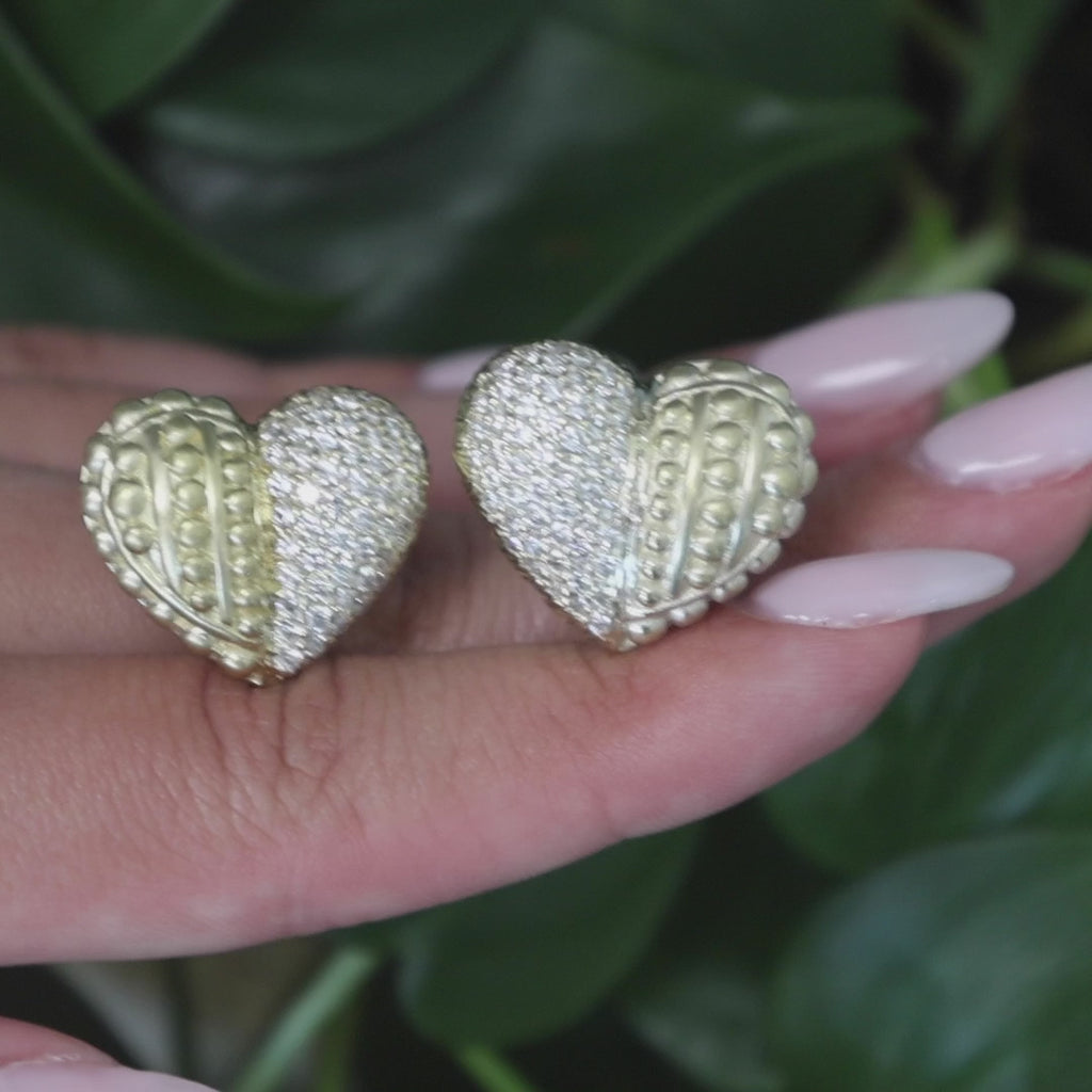 Judith Ripka Diamond Heart Clip On Earrings Omega Backs 18K Gold 2.75 TW 0.75"