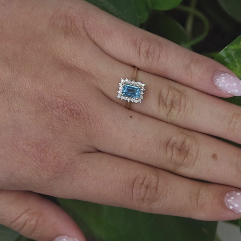 Blue Topaz Halo Diamond Ring 14K Gold 1.45 CTW Size 6.75 Ladies Estate