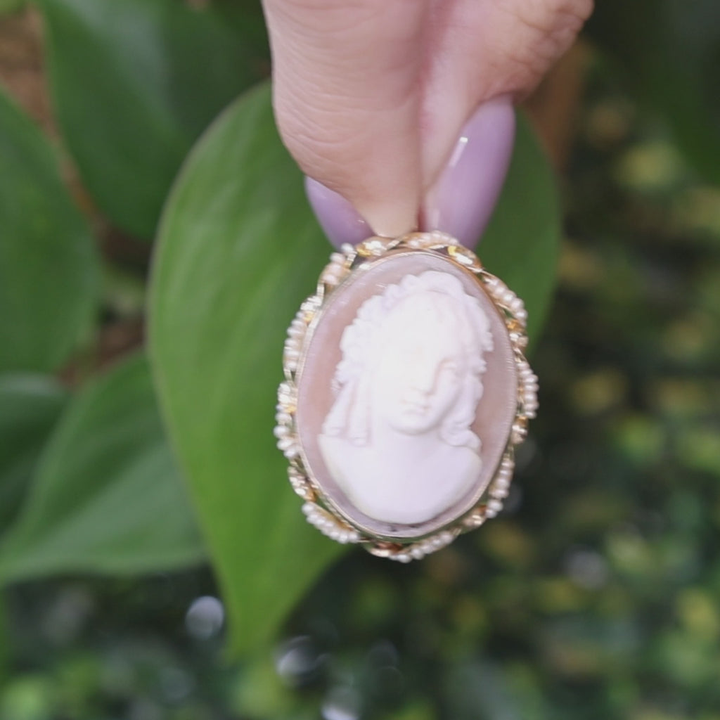 Antique Shell Cameo Seed Pearl Brooch Pendant Yellow Gold Victorian Estate