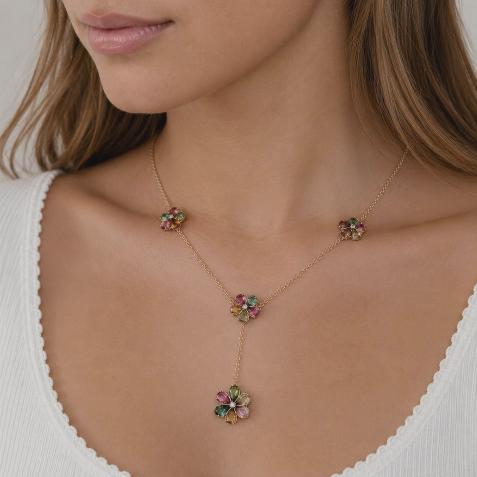 14K Gold Multi Color Tourmaline Diamond Flower Station Necklace 18"