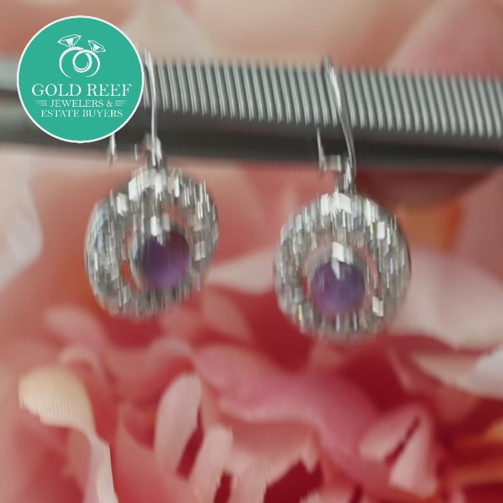 Purple Sapphire Diamond Drop Dangle Earrings 2.65 TW Cabochon Gem 14K White Gold