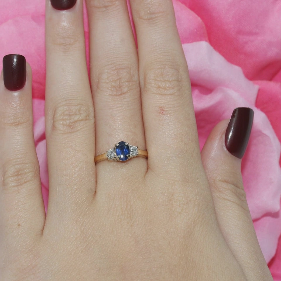 14K Gold Natural Blue Sapphire Diamond Ring 0.90ct TW Oval 3 Stone Engagement