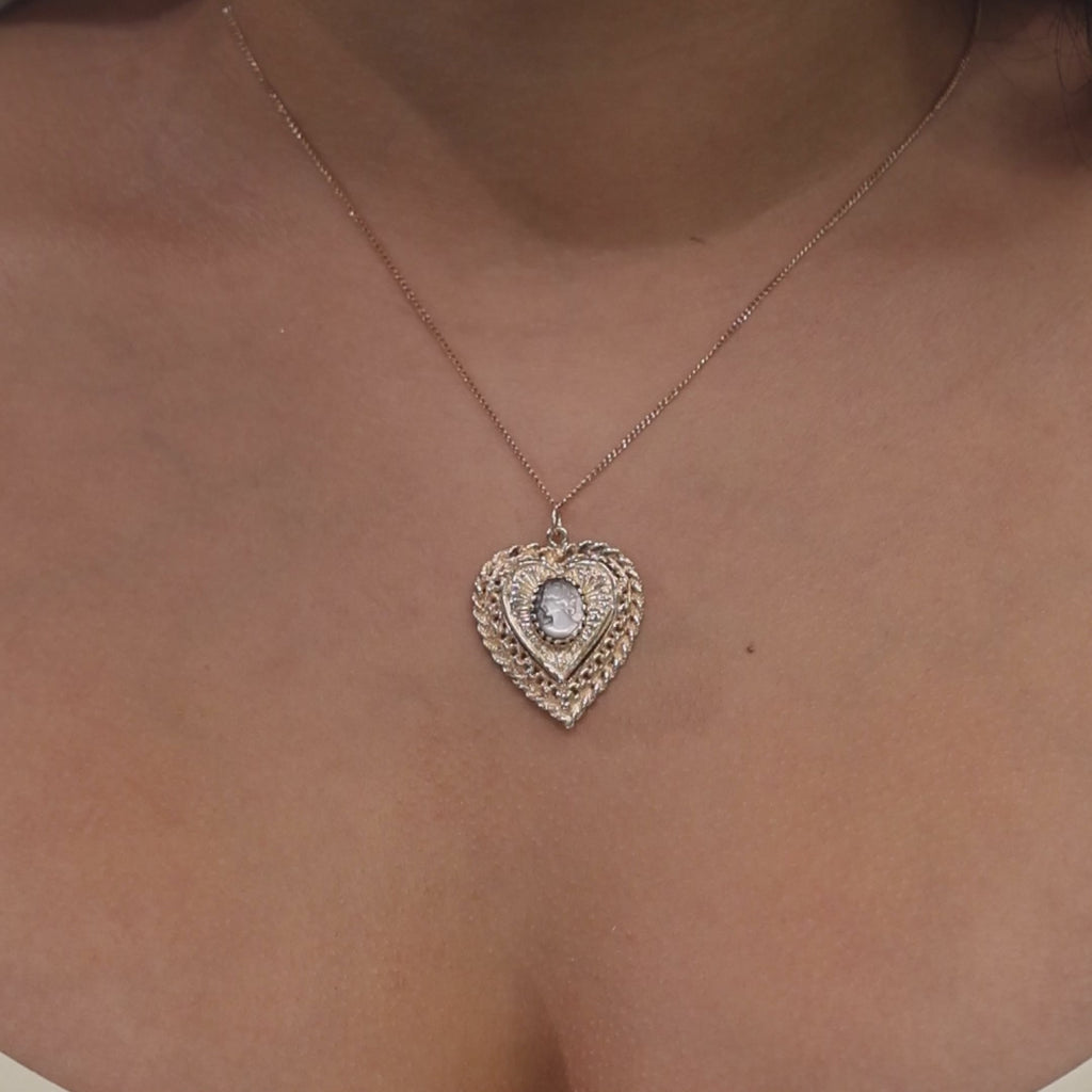 Vintage Cameo Heart Locket Pendant Charm 14K Yellow Gold Filigree Design 1.45"