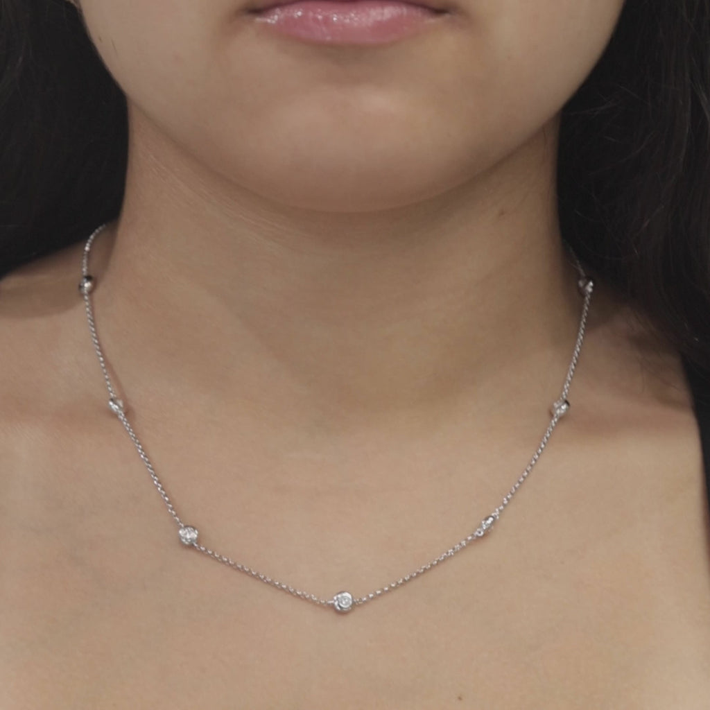 0.50 TW Bezel Diamond Station Necklace 14K White Gold Rolo Link Chain 17.75"