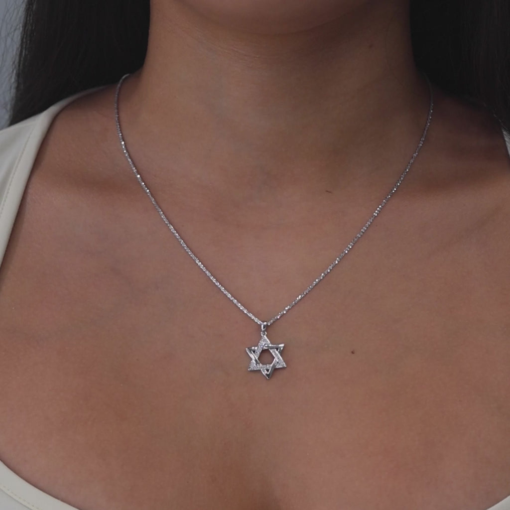 Religious Star of David Diamond Pendant Chain Necklace 14K White Gold 20.5"