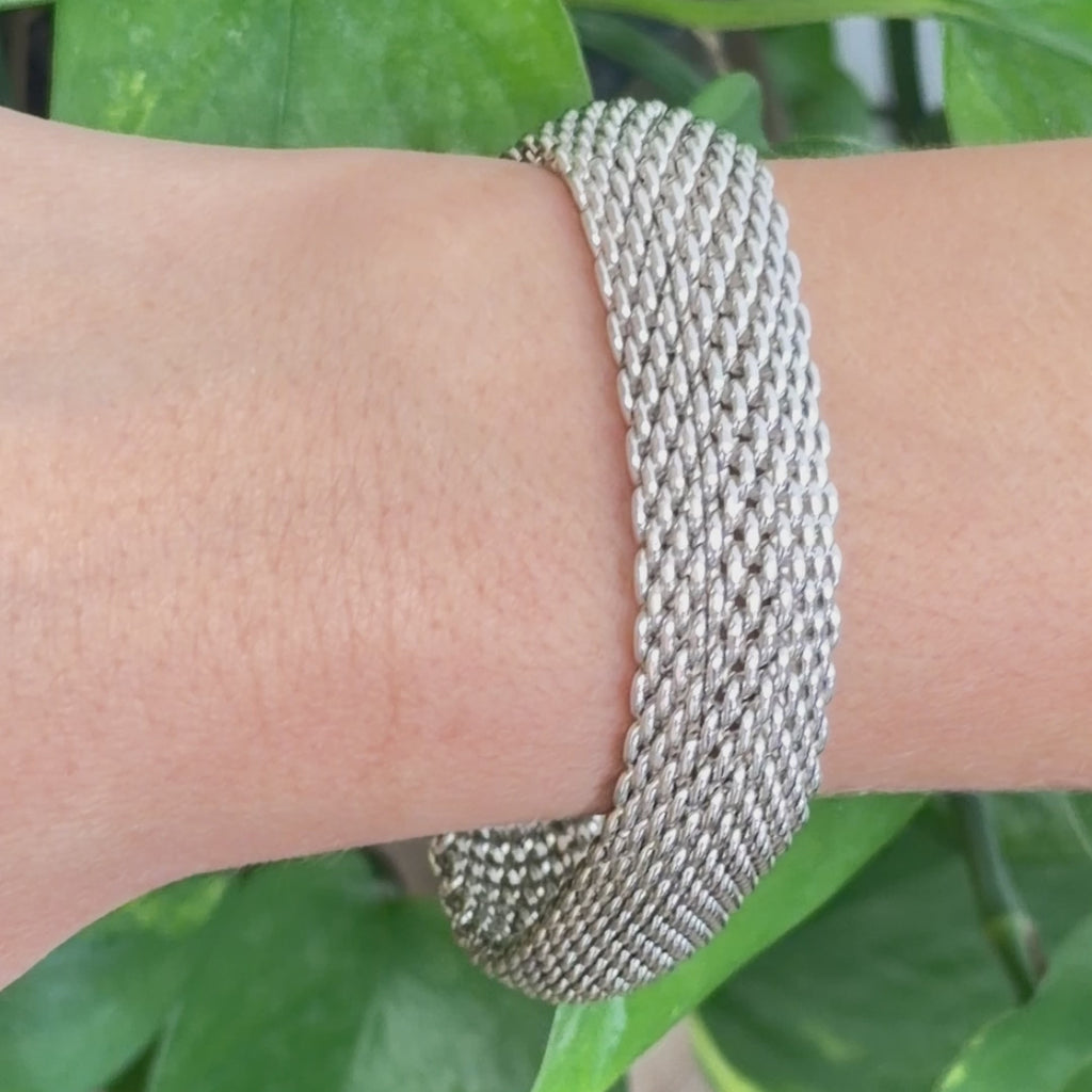 Tiffany & Co. Somerset Mesh Bangle Bracelet Sterling Silver 925 15.55mm 8"