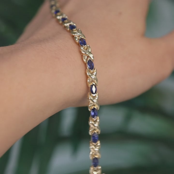 Blue Sapphire Station X Link Bracelet 14K Yellow Gold 4.20 CTW 7" Estate