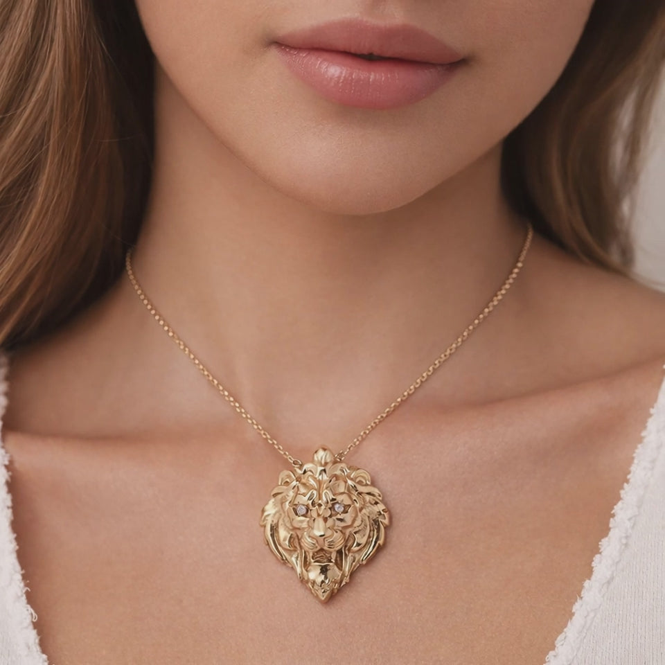 Lion Head Pendant Charm with Diamond Eyes 3D 14K Yellow Gold 0.06 TW 1.29"