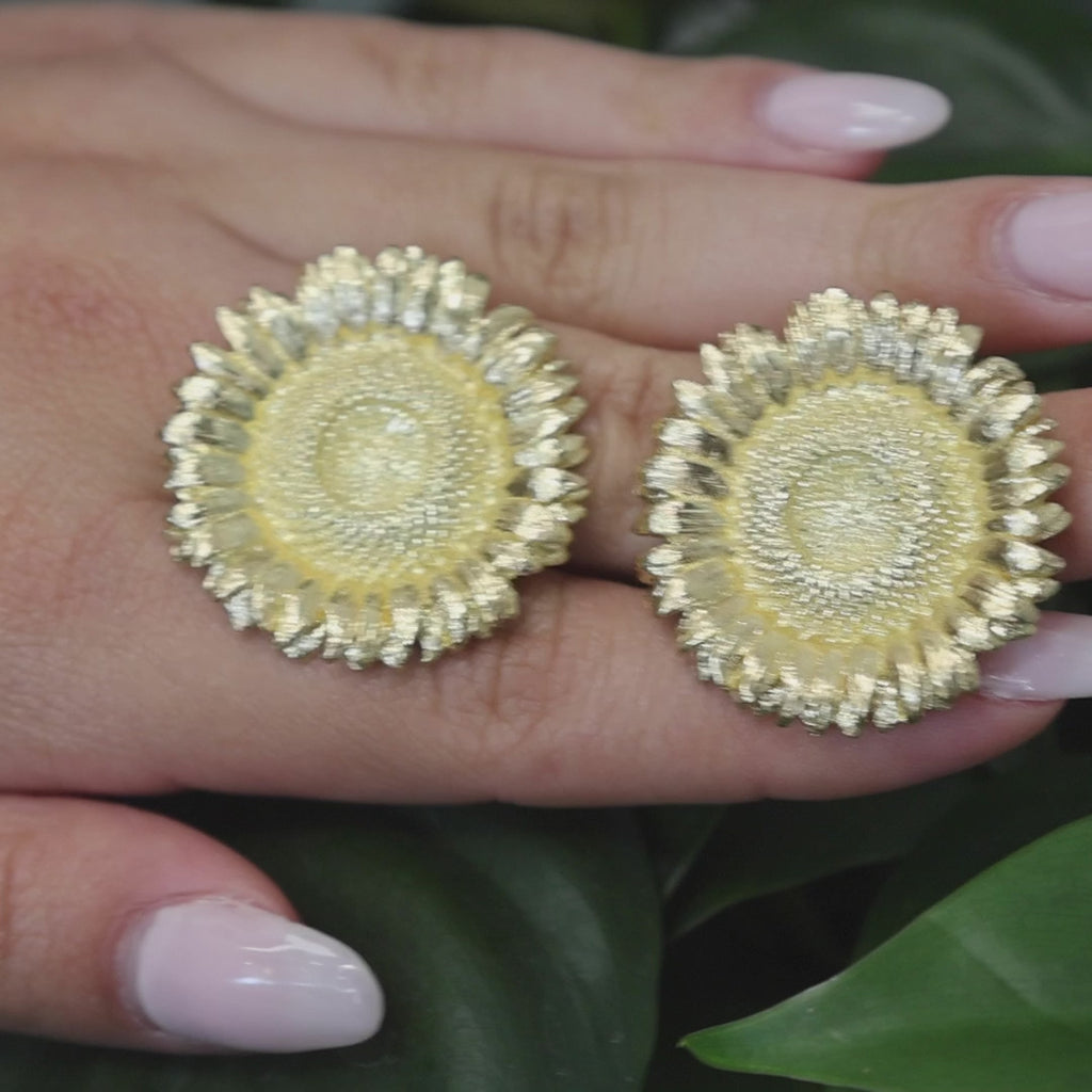 Robert Bruce Bielka Sunflower Earrings Clip On 18K Yellow Gold 1.30" Ladies