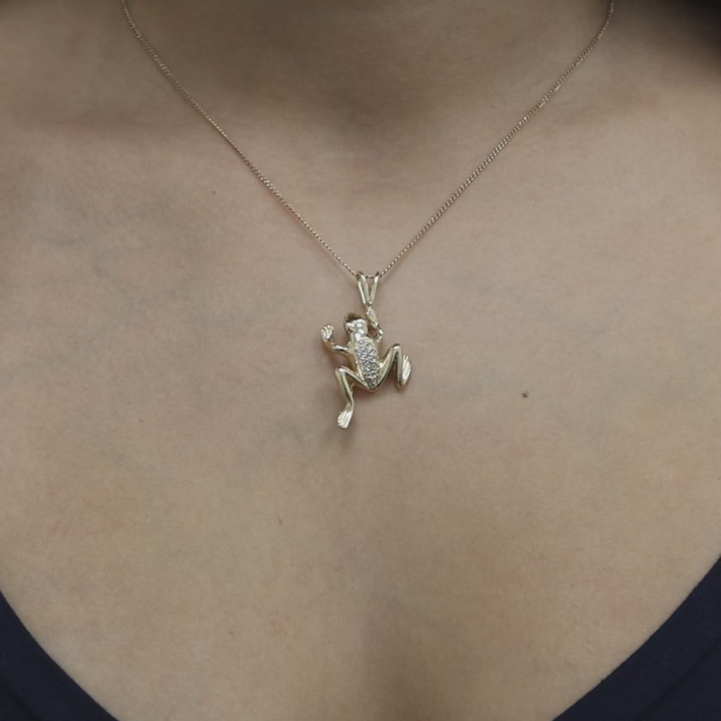 14K Yellow Gold Diamond Frog Pendant Charm 0.25 CTW Animal Vintage Style 1.55”