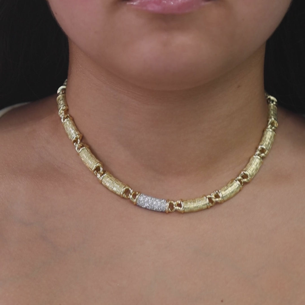 Estate Bar Link Diamond Choker Necklace 18K Yellow Gold Platinum 1.50 TW 15.5"