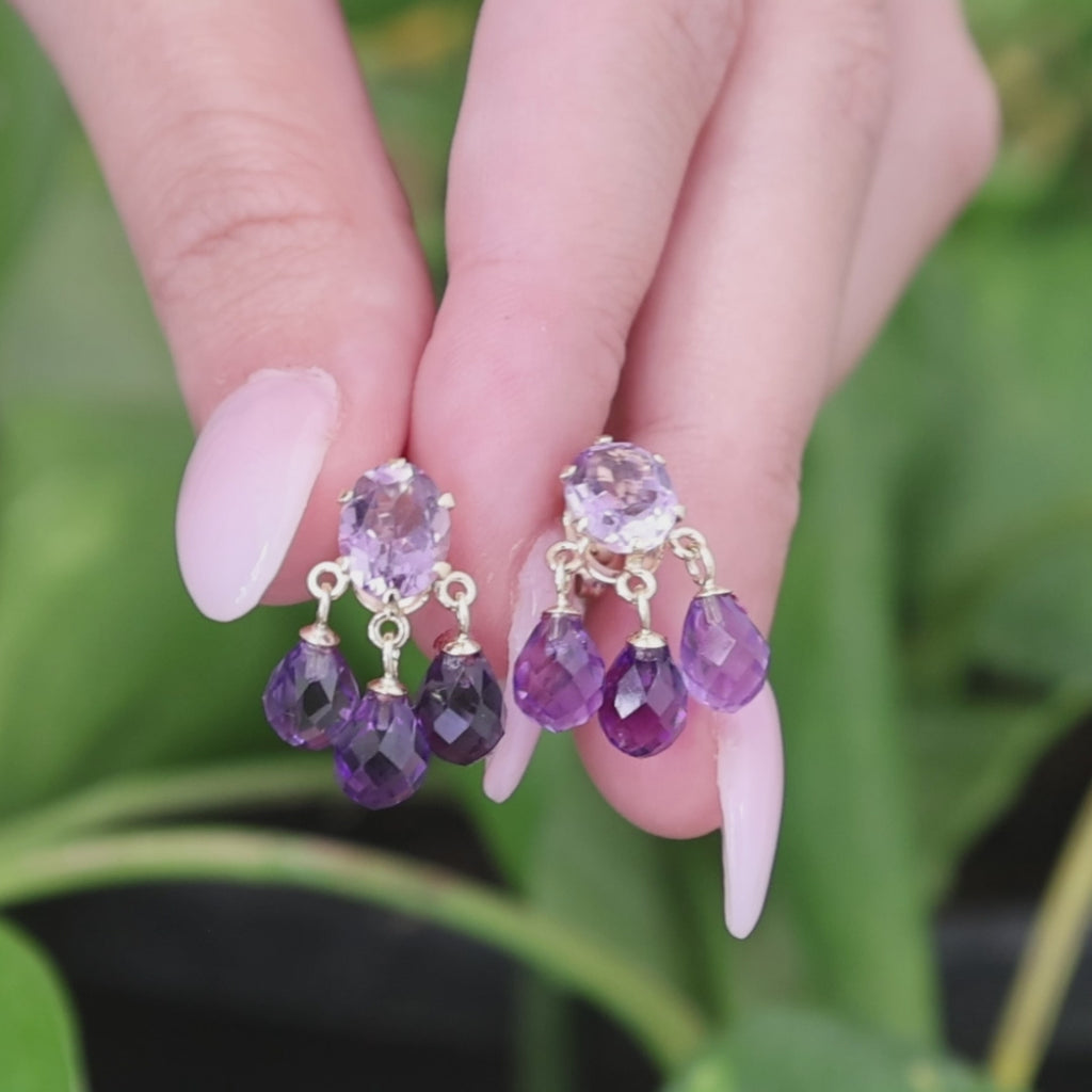 7.60CTW Amethyst Chandelier Drop Earrings 14K Yellow Gold Briolette Estate