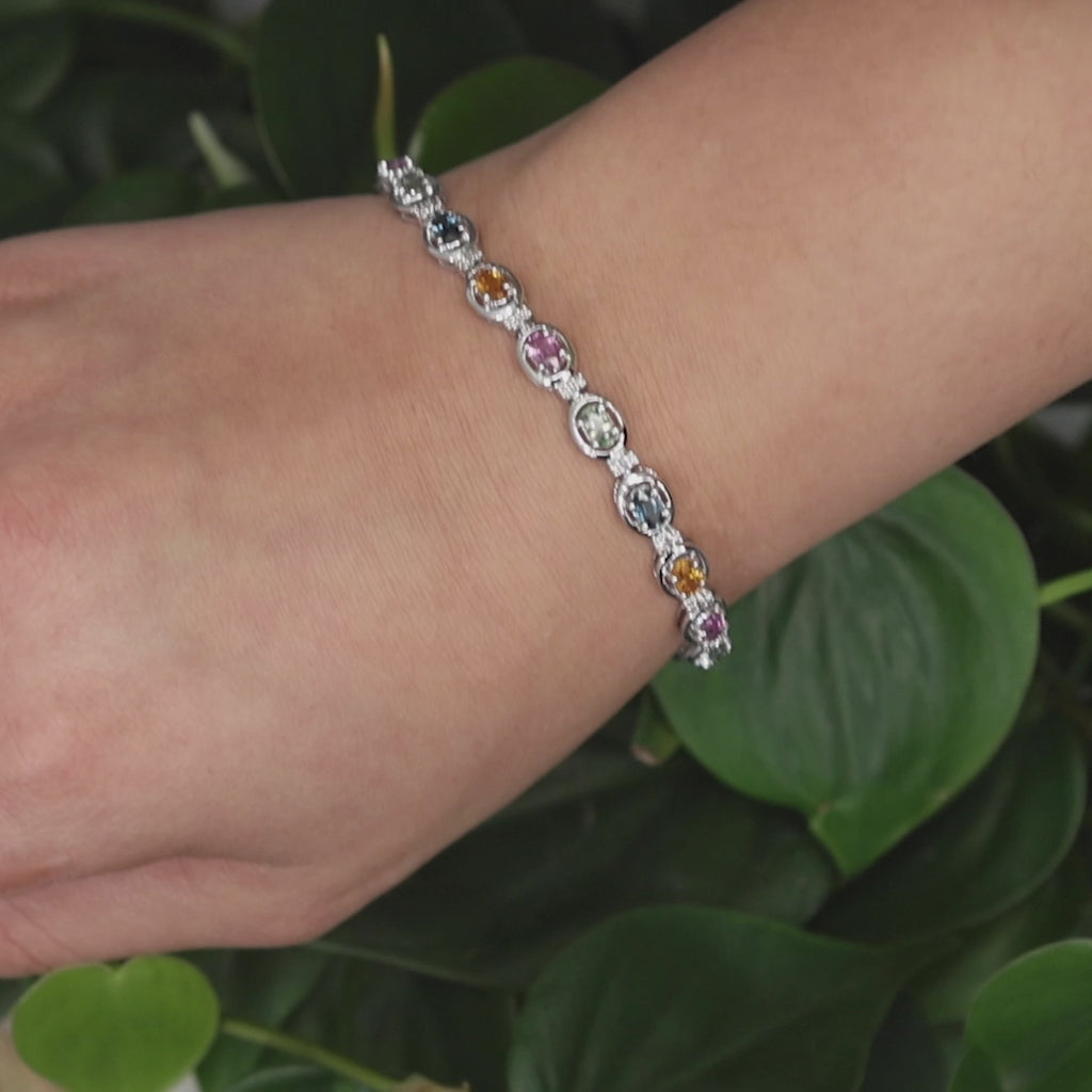 Multi Color Sapphire Diamond Bracelet 10K White Gold 7.35 CTW 7.5" Estate