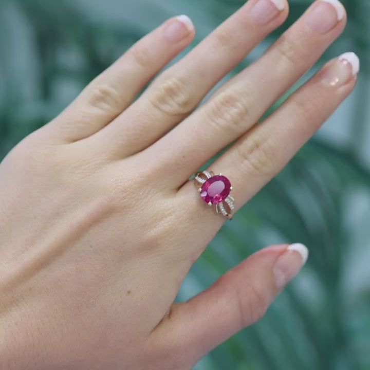 14K Gold 3.20Ct Oval Rubellite Tourmaline & 0.20CTW Diamond Cocktail Ring Size 9