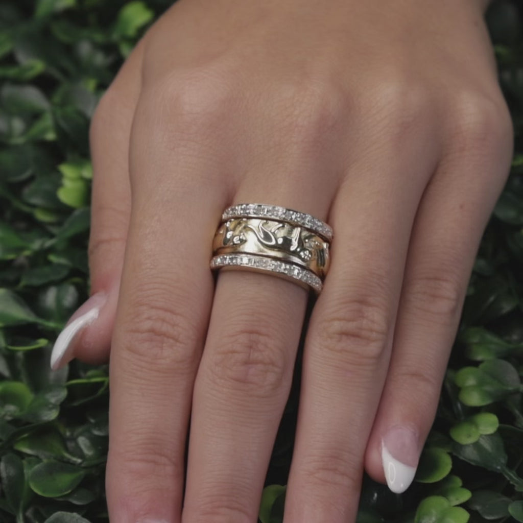 14K Gold Panther Ring Diamond Two Tone Band Wide Animal Statement Ring Unisex SZ