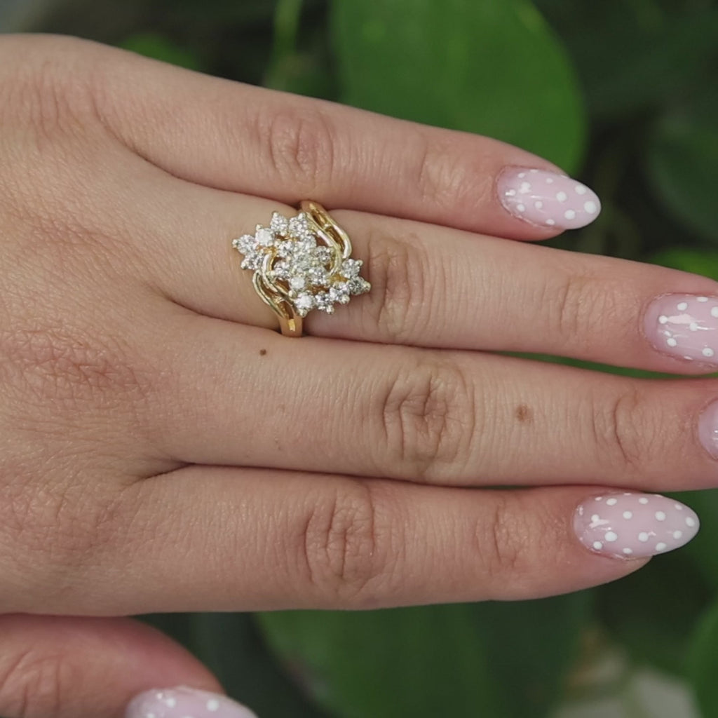 Cluster Diamond Floral Cocktail Ring 14K Yellow Gold 1.50 TW Size 5.25 Ladies