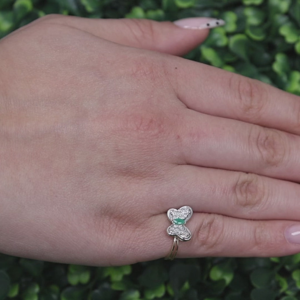 Diamond Emerald Butterfly Statement Ring 14K Gold  0.33 CTW Size 5.5 Ladies