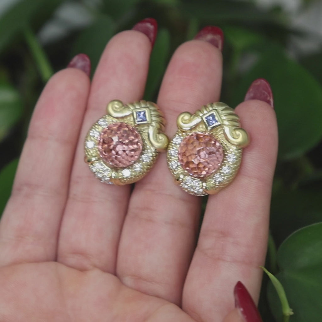 Pink And Blue Sapphire Diamond Earrings 18K Yellow Gold Clip On 1" Ladies Estate