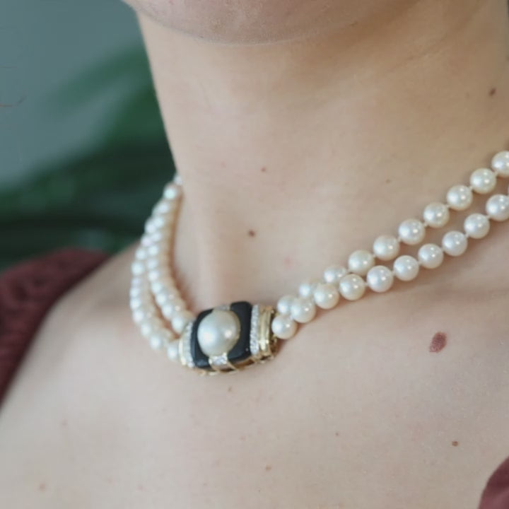 Akoya Pearl Choker Necklace 2-Strand 14K Yellow Gold Diamond Onyx Clasp 15-16"