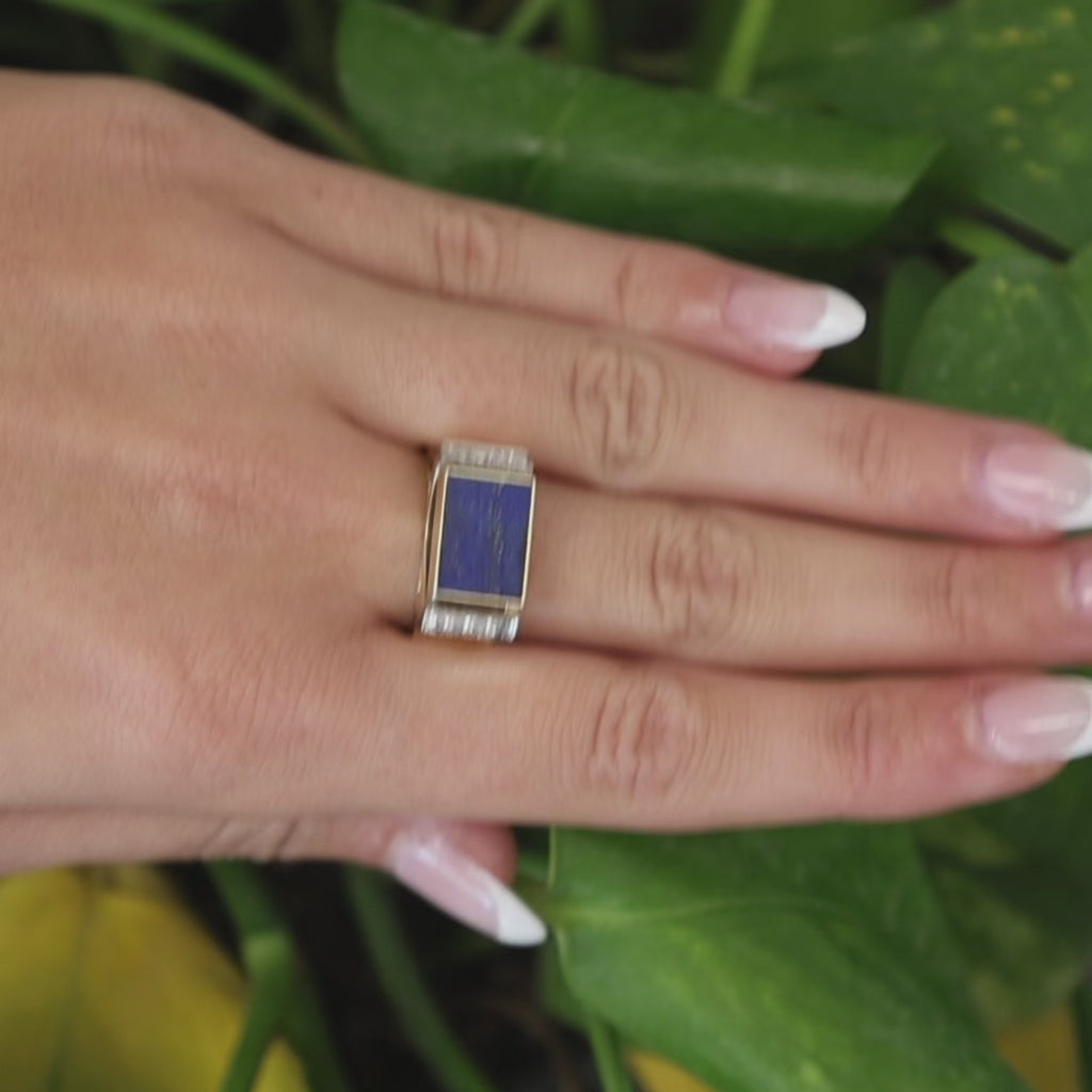 Lapis Lazuli Diamond Band Ring 14K Yellow Gold Size 7 Unisex Estate