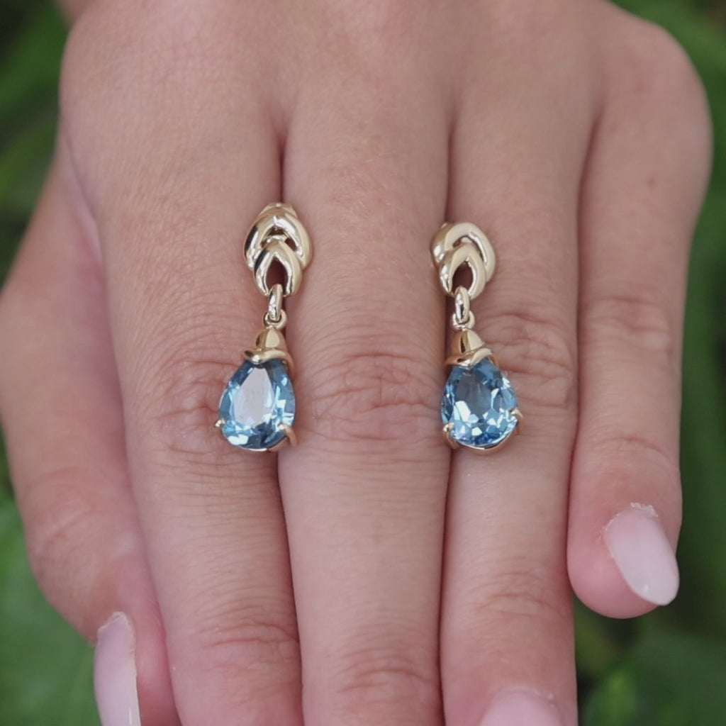 14K Gold Pear Blue Topaz Dangle Drop Earrings 4.70CTW Estate Teardrop Ladies
