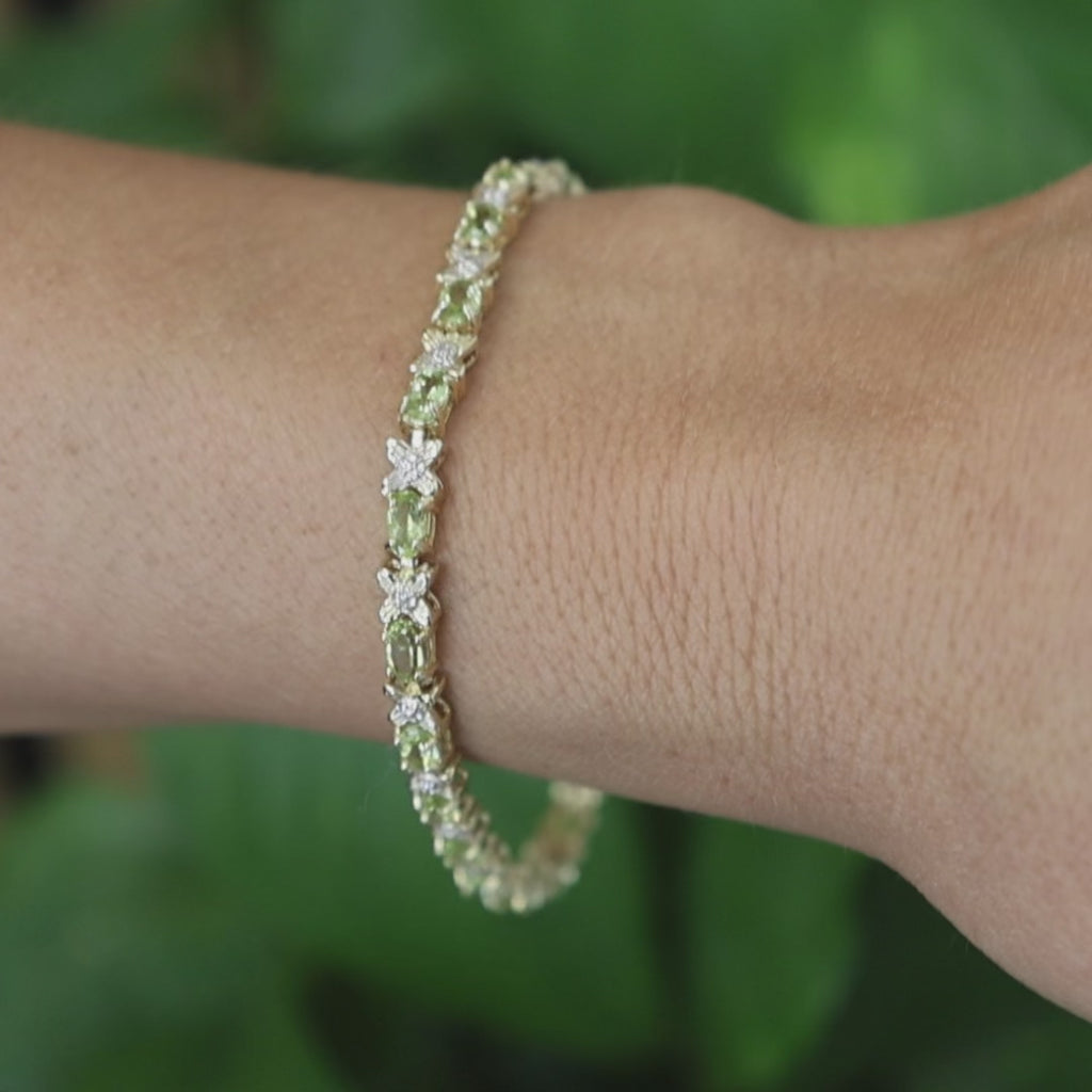 14K Two Tone Gold Peridot Diamond Tennis Bracelet 5.10CTW Floral X Link 7.25"
