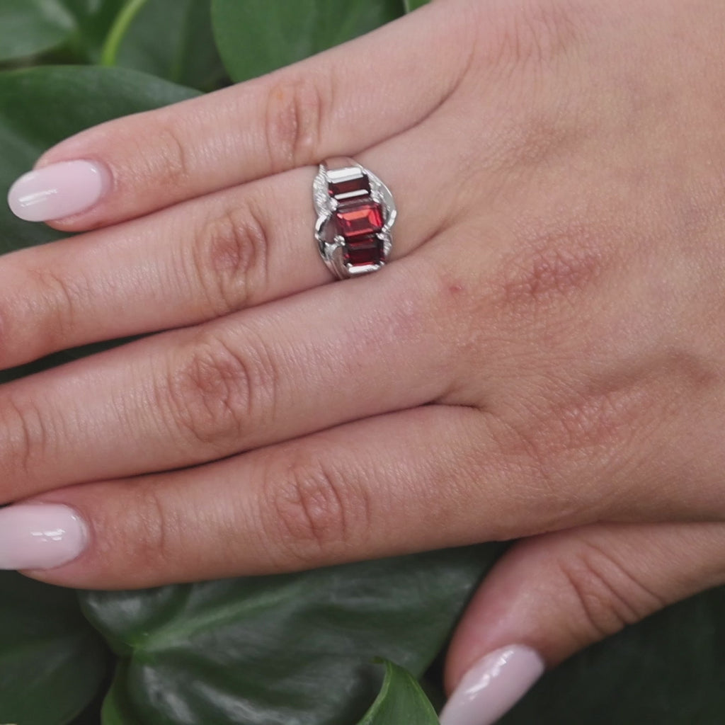 3-Stone Emerald Cut Garnet Diamond Ring 10K White Gold Swirl 2.78 CTW Size 6