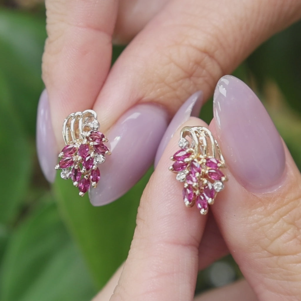 Natural Ruby Diamond Marquise Cluster Earrings 14K Two Tone White Gold Estate
