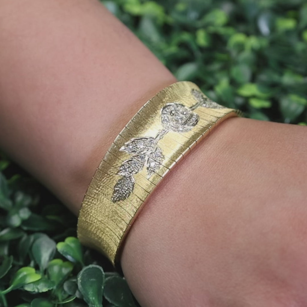 Vintage Floral Diamond Omega Style Wide Bracelet 18K Gold 0.85 TW 6.25" Ladies