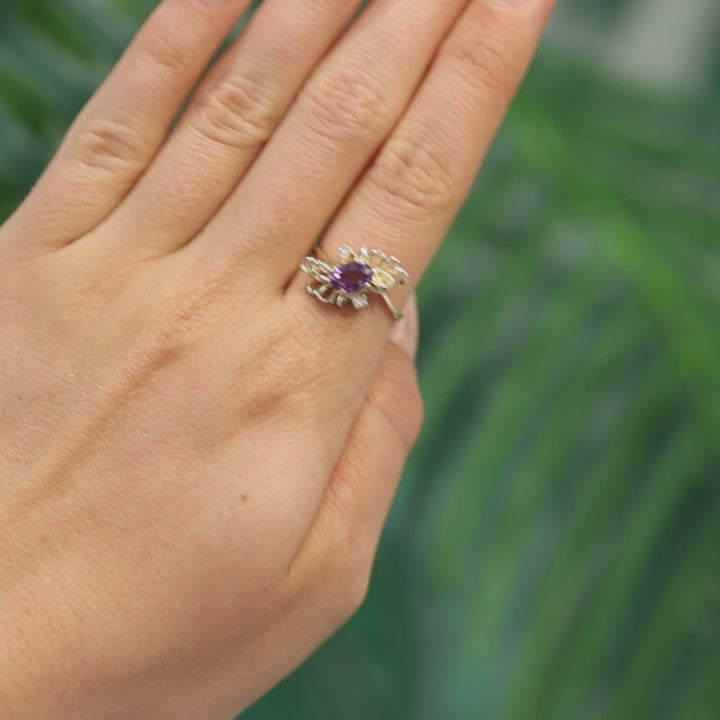 Vintage Amethyst Diamond Filigree Ring 14K Yellow Gold Flower 0.72 TW Size 7.75