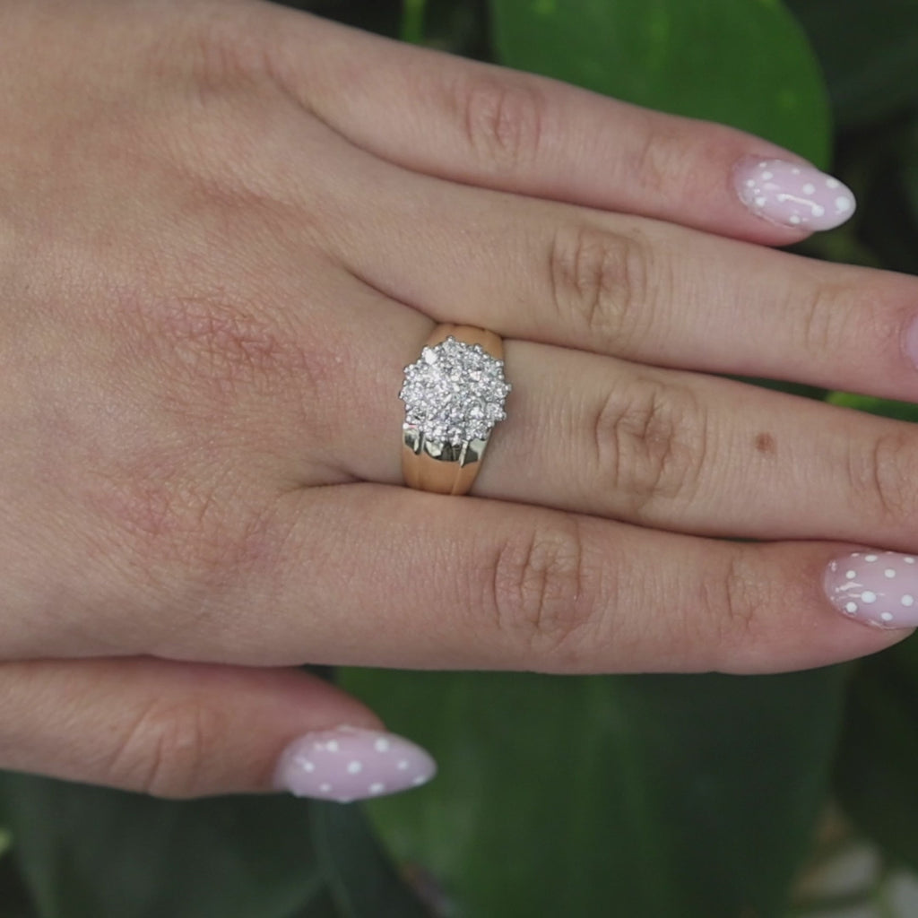 Cluster Diamond Floral Cocktail Ring Two-Tone Gold 1.05 TW Size 8.25 Estate