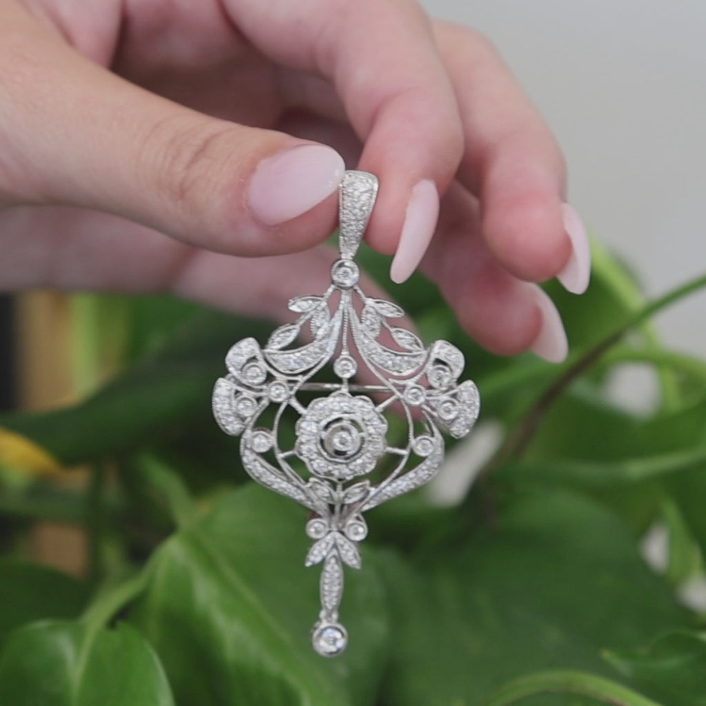 White Gold 1.75CTW Natural Diamond Art Deco Revival Brooch Pin Pendant Estate