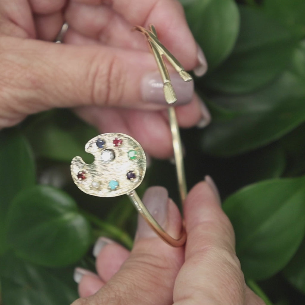 Artist Palette Paintbrush Bangle Multi Gemstone Diamond Yellow Gold 7.25"