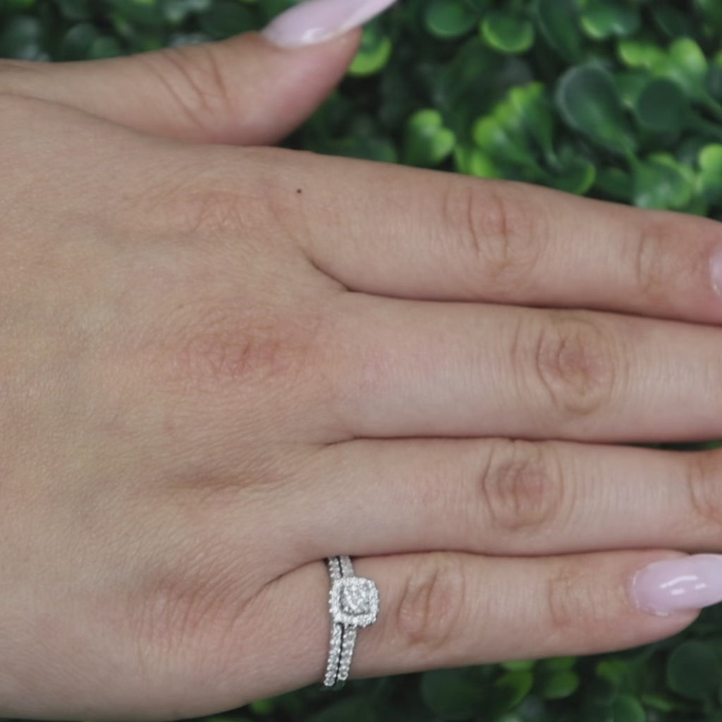Diamond Engagement Ring Wedding Band Set 0.60 CTW 10K White Gold Halo Bridal