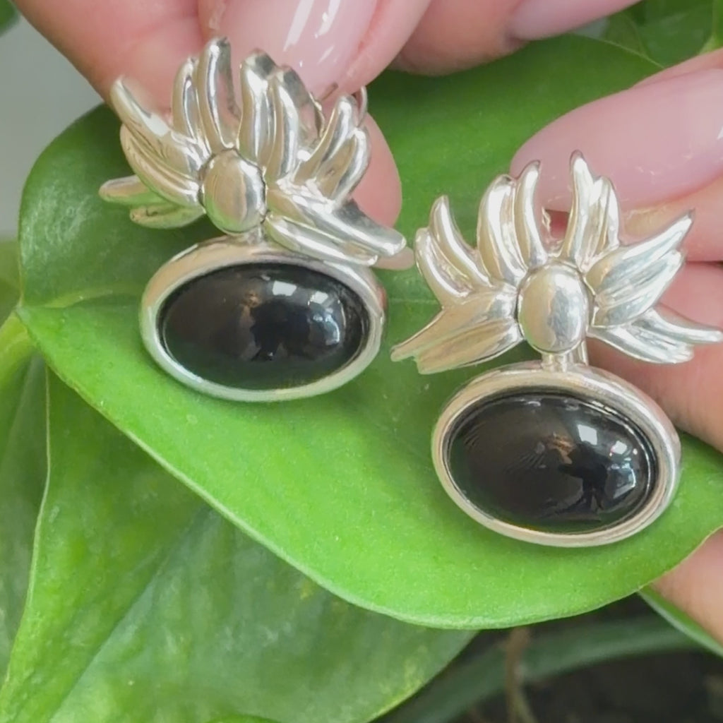 Tiffany & Co. 1986 Onyx Flower Dangle Earrings Sterling Silver 925 Rare