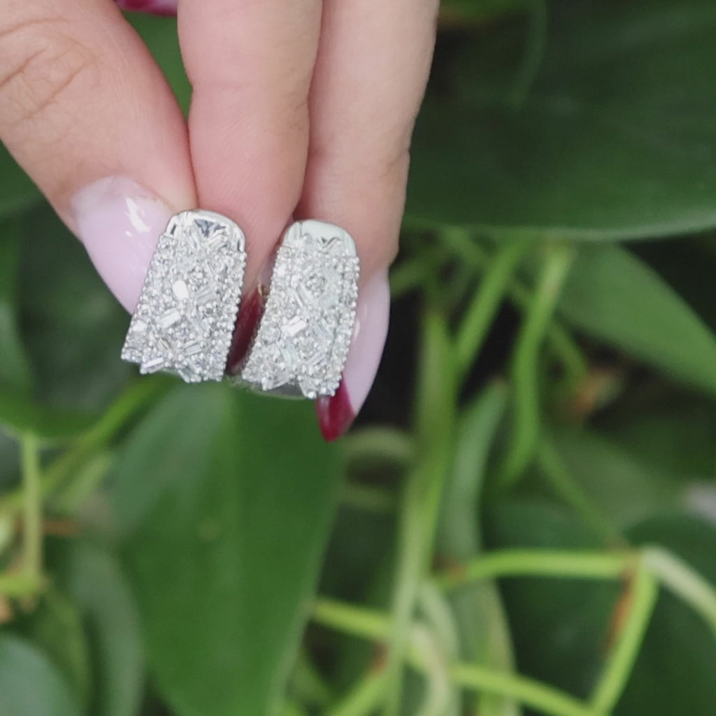 1.00 TW Round And Baguette Diamond J Hoop Earrings 10K White Gold 0.55" Ladies