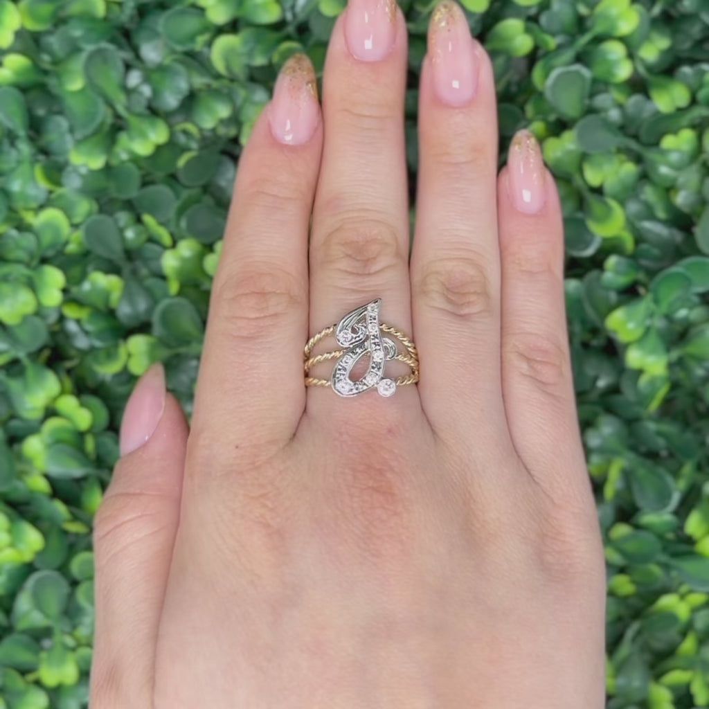 Fancy Letter J Diamond Statement Ring Two-Tone Gold 0.33 TW Size 10 Estate
