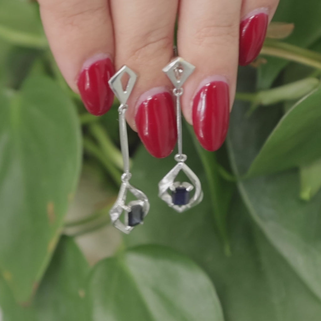 Blue Sapphire Drop Dangle Earrings 14K White Gold 1.40 TW Emerald Cut Gems 1.30"