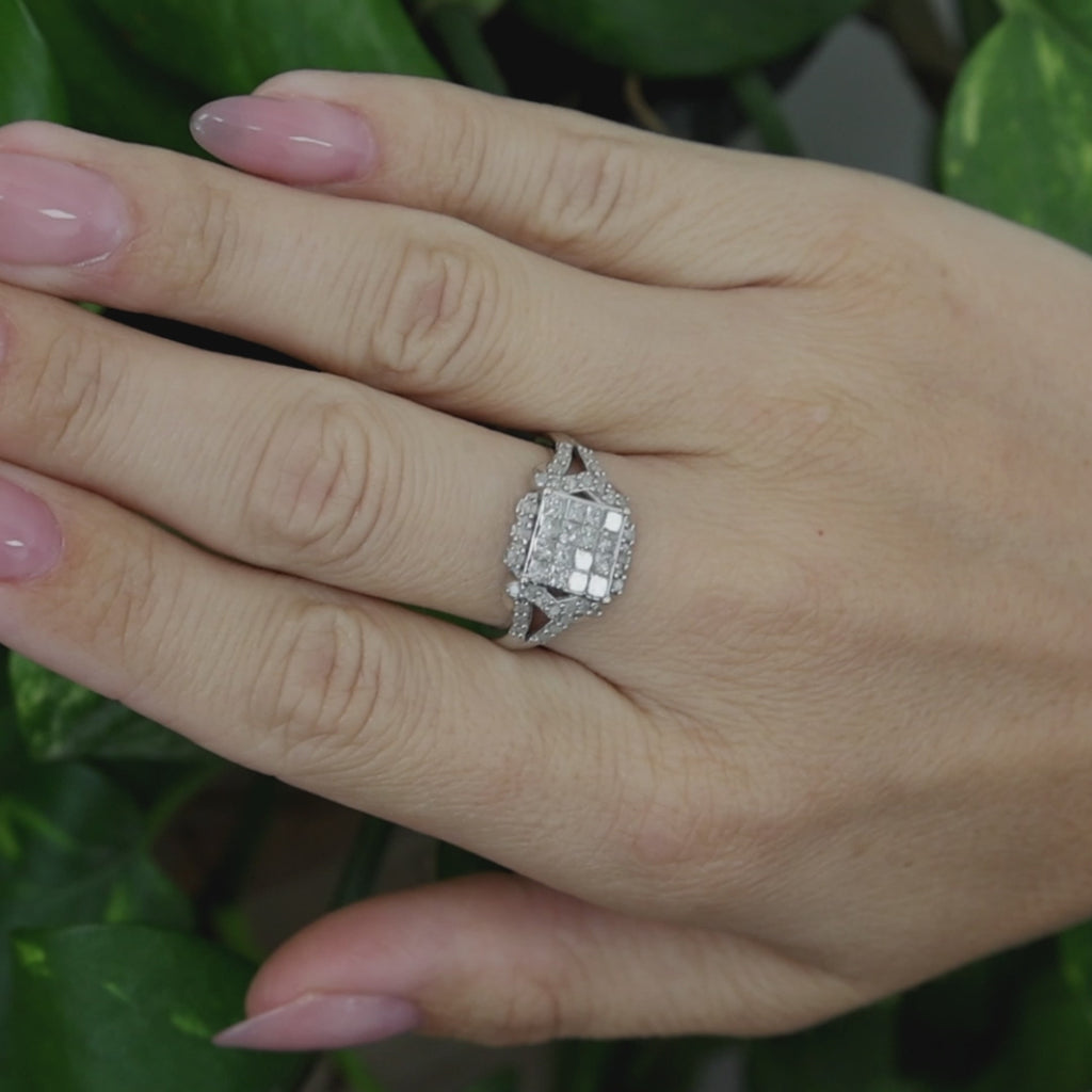 10K White Gold 0.65 CTW Diamond Princess Cluster Cocktail Ring Size 7.25