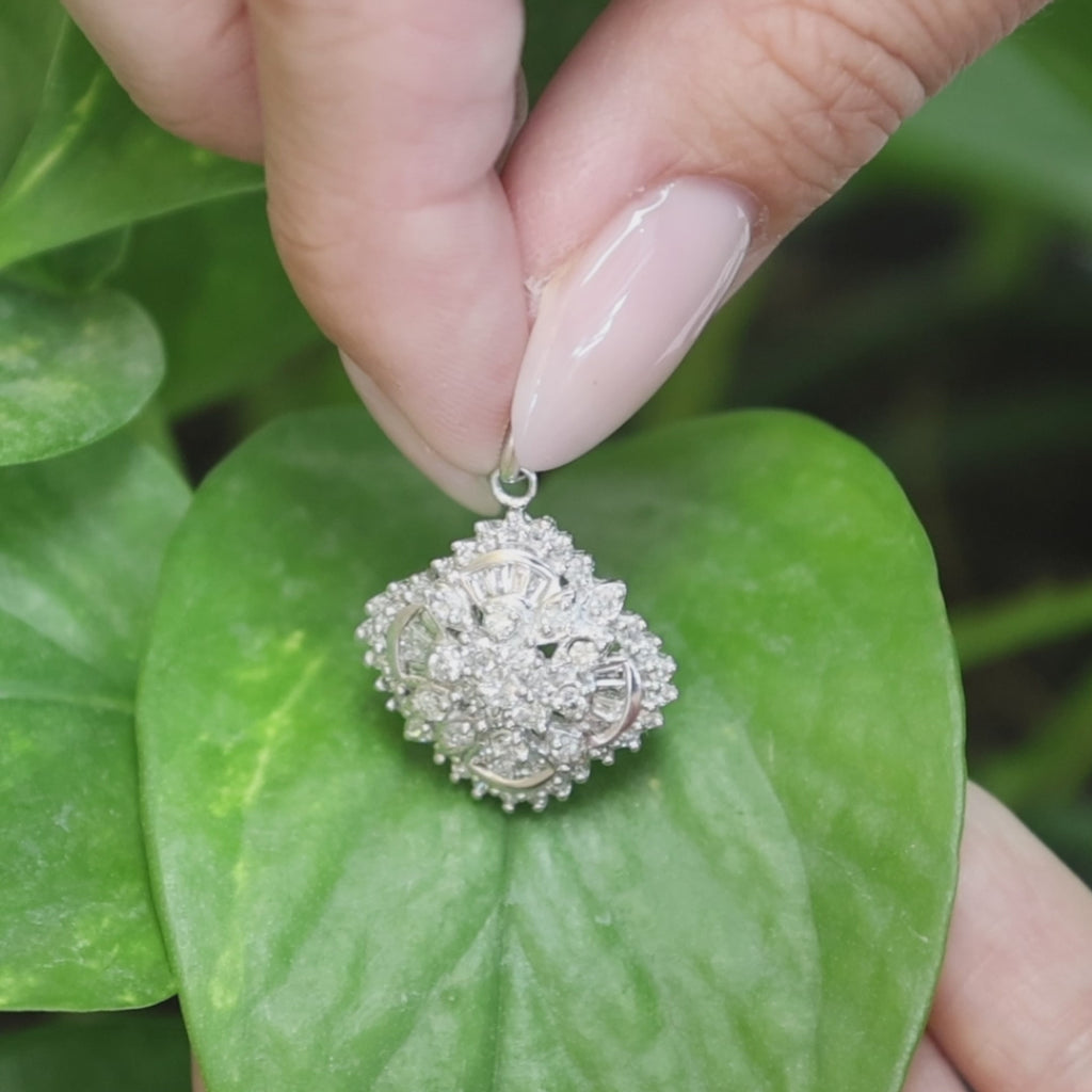 Effy Diamond Floral Cluster Pendant 14K White Gold 1.50 CTW Round Baguette