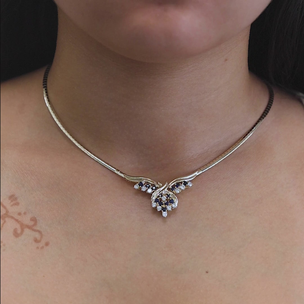 Sapphire Diamond Y-Drop Omega Chain Necklace 14K Yellow Gold 1.71 CTW 16" Ladies