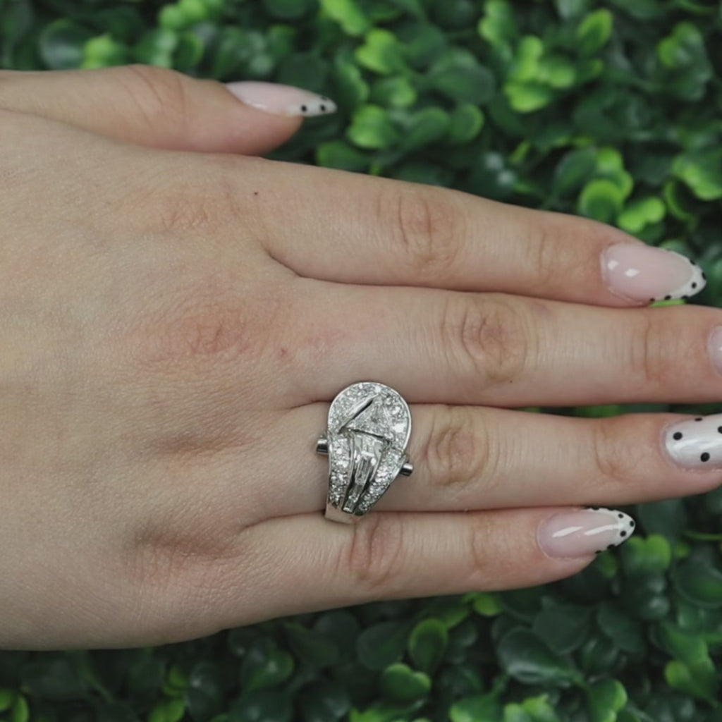 Vintage Platinum Diamond Statement Ring 1.65 TW Round Baguette Diamonds SZ 7.25