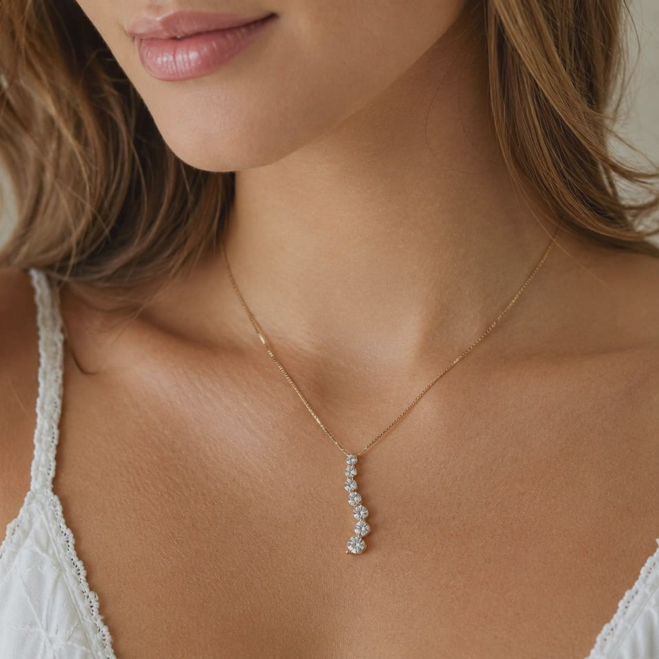 14K Yellow Gold 1.00CTW Diamond Journey Pendant Necklace 7 Stone Estate