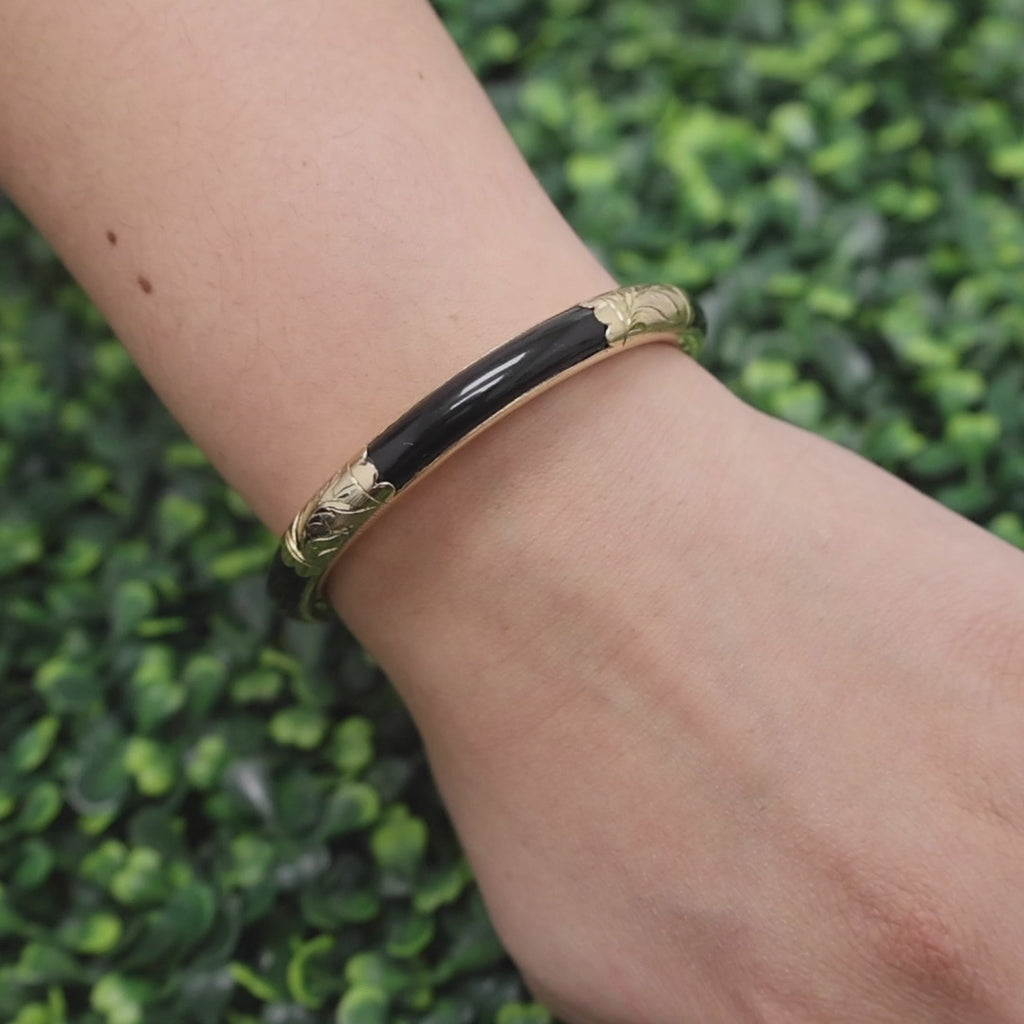Black Jadeite Gemstone Floral Bangle Bracelet 14K Yellow Gold 7" Estate