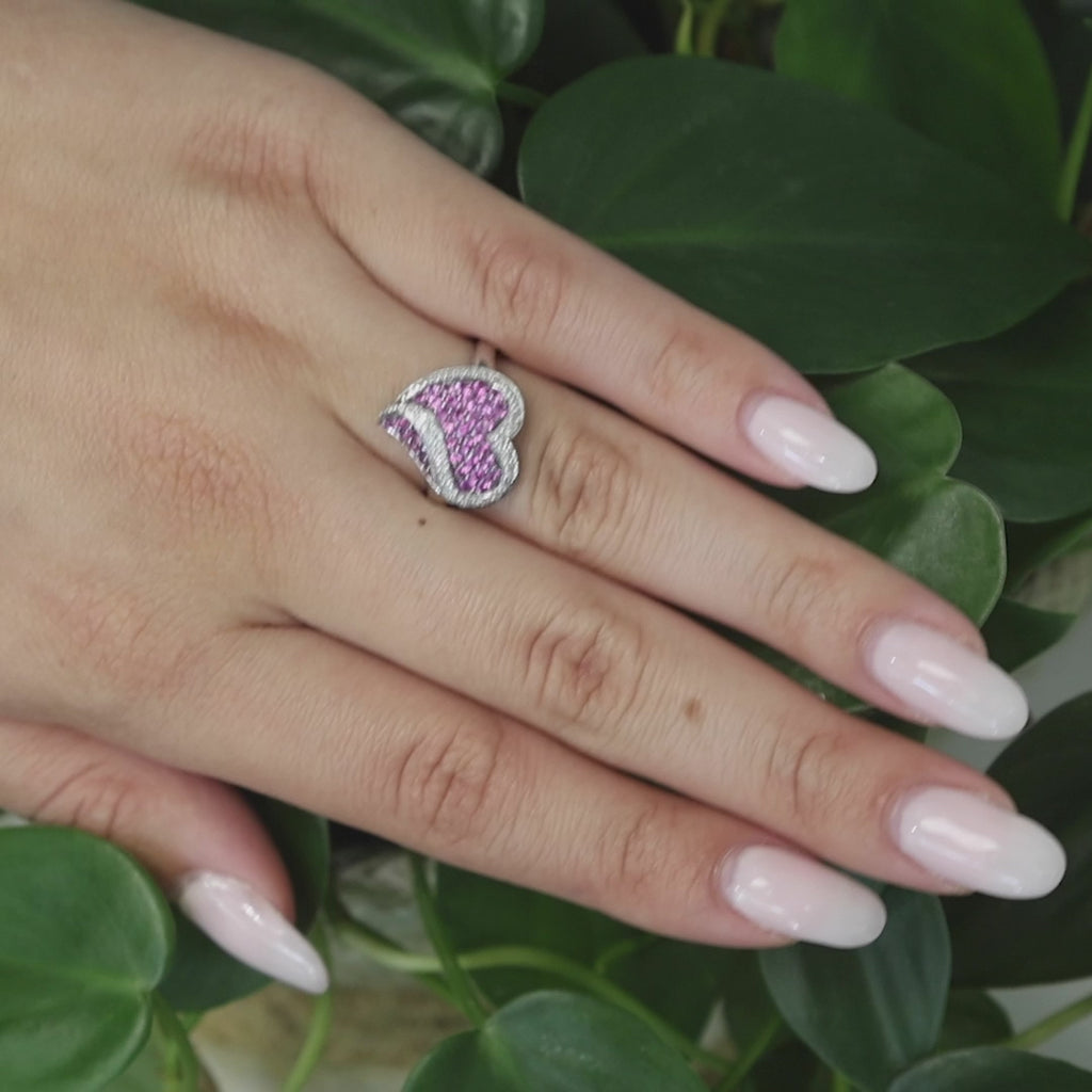 Cluster Pink Sapphire Diamond Heart Ring 10K White Gold 0.85 CTW Ladies SZ 7.25